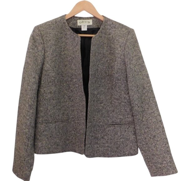 Orvis Womens Blazer Gray Tweed 100% Wool Open Front Classic Size 12 - Picture 1 of 7